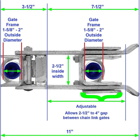 Chain Link Double Gate Latch For One And Five Eighths To Two Inch Gate Frames Strong Arm Beefy Gate Latch dimensions diagram