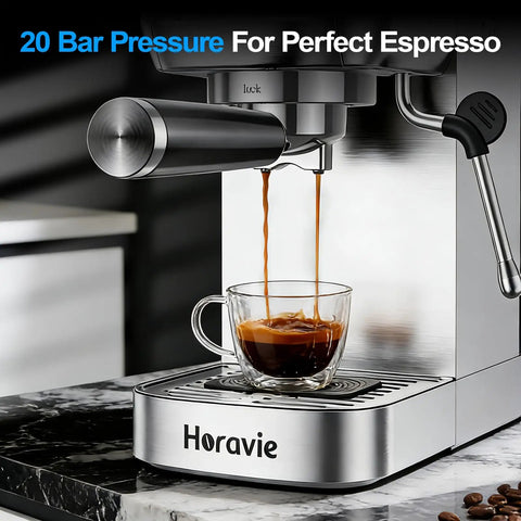 Total Game Changer 20 Bar Espresso Maker With Sleek LCD Display And Bulletproof Milk Frother brewing espresso into a glass cup.