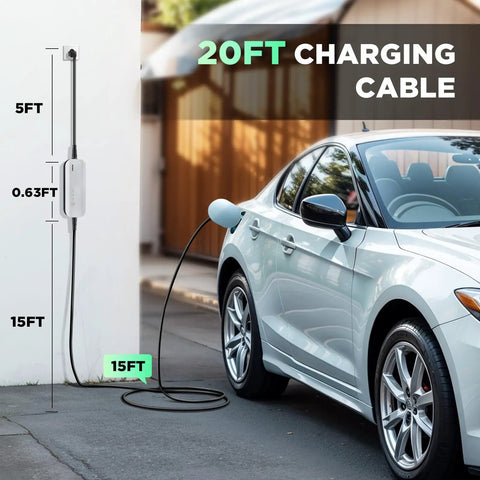 Level 1 EV Charger With 15A 110V NEMA 5 15 Plug Portable 20 Foot Cable Home Charging Station For All J1772 Electric Cars FCC CE Certified Weatherproof IP65 Auto Shutoff connected to car
