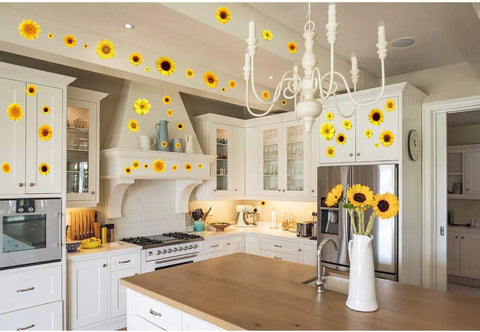 Bright kitchen decorated with 72 Pieces Sunflower Wall Sticker Set Peel And Stick 3D Removable Waterproof Decals on cabinets and walls.