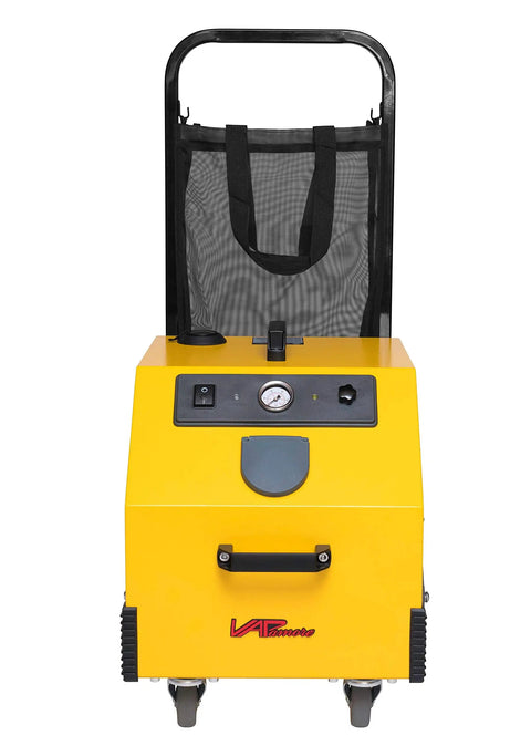 Heavy Duty Commercial Steam Cleaner Kickin Out Stubborn Grime With Chemical Free Power And Thick Stainless Boiler Plus Fifty Pro Nozzles For Top Shelf Cleaning Hustle, yellow steamer front view.