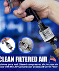 Inline Moisture Separator And Air Dryer With Push Button Drain Valve 1 Quarter Inch NPT For HVLP Spray Gun Sandblaster And Plasma Cutter Delivers Crisp Dry Air From 2 To 150 PSI shown in hand