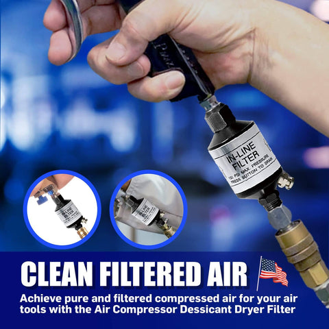 Inline Moisture Separator And Air Dryer With Push Button Drain Valve 1 Quarter Inch NPT For HVLP Spray Gun Sandblaster And Plasma Cutter Delivers Crisp Dry Air From 2 To 150 PSI shown in hand