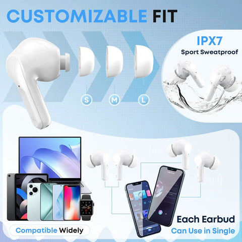 Wireless Earbuds With Bluetooth 5.4 Dope HiFi Stereo And Noise Cancelling Microphone LED Digital Display IPX7 Waterproof Up To 50 Hours Play Time In Ear Buds For Office Running And Workouts White with customizable fit and device compatibility