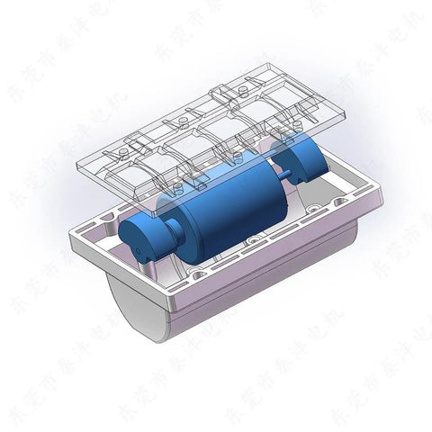 R2838 Vibration Motor 24V Lightweight High Speed Rotary Vibrating Motor in casing, 3D rendering, blue and white components