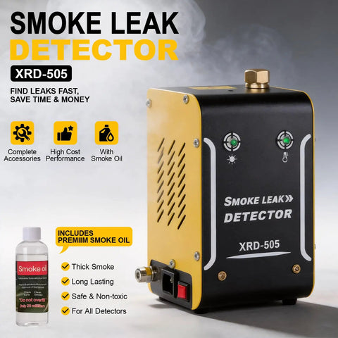 Street Cred Garage Tested Automotive Smoke Tester Machine Plug N Play Diagnostic Kit Includes Pre Made Fluid For Hunting Down Evap Intake Egr Air Leaks Fast, showing XRD-505 model with smoke and details.