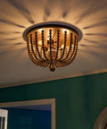 Boho Beaded Flush Mount Light 3 Light Ceiling Fixture With Gray Wood Beads And Golden Bronze Finish 16 Inch Diameter 11 Inch Height Rustic Modern Ceiling Light For Living Room Dining Area
