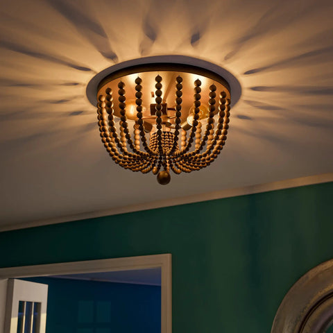 Boho Beaded Flush Mount Light 3 Light Ceiling Fixture With Gray Wood Beads And Golden Bronze Finish 16 Inch Diameter 11 Inch Height Rustic Modern Ceiling Light For Living Room Dining Area