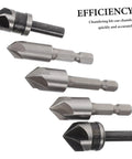 5 Piece Countersink Drill Bit Set For Woodworking And Metal Fabrication With Pro Grade Precision Chamfering Tools Versatile Deburring Kit
