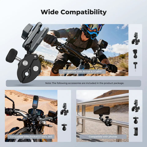 Super Clamp Camera Mount With 360 Degree Dual Ball Head For Bike And Motorcycle Handlebars shown in use on tough terrain adventure.