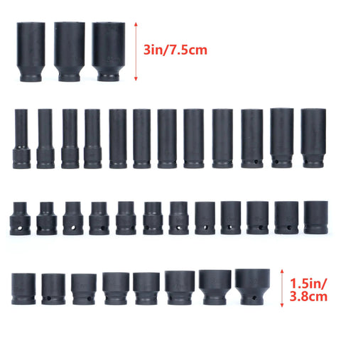35-Piece 1/2 Inch Drive Deep Impact Socket Set With 6-Point Sockets, Heavy Duty Spindle And Axle Nut Kit, Deep Length 38mm And 78mm, Garage Ready For Car Auto Truck Repairs