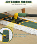 Heavy Hitting Commercial Cotton Dust Mop With Massive 39 Inch Sweeping Pad And Rock Solid Handle showing 360° rotating mop head.