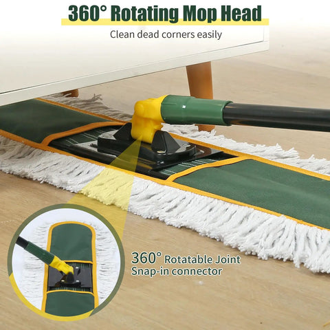 Heavy Hitting Commercial Cotton Dust Mop With Massive 39 Inch Sweeping Pad And Rock Solid Handle showing 360° rotating mop head.