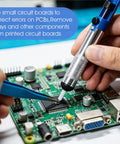 Person using desoldering pump with vacuum and 3 desoldering guns pack for fast, clean solder removal from circuit boards
