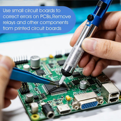 Person using desoldering pump with vacuum and 3 desoldering guns pack for fast, clean solder removal from circuit boards