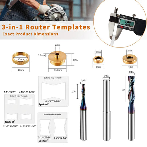 Bow Tie Inlay Kit With Acrylic Templates Brass Guide Bushing And Carbide Spiral Router Bits For Woodworking tools dimensions