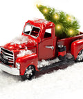 Red Metal Christmas Truck Decor Kit With Mini Tree And LED Lights Vintage Rustic Farmhouse Tabletop Ornament with snow