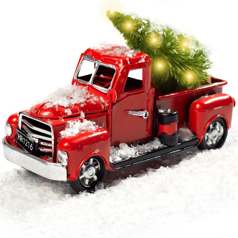 Red Metal Christmas Truck Decor Kit With Mini Tree And LED Lights Vintage Rustic Farmhouse Tabletop Ornament with snow