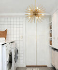 Golden Sputnik Chandelier Nine Lights Modern Starburst Fixture in laundry room with solid metal mid-century style