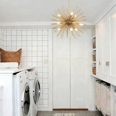 Golden Sputnik Chandelier Nine Lights Modern Starburst Fixture in laundry room with solid metal mid-century style