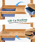 Solid Fir Wood Outdoor Potting Bench With Large Tabletop Heavy Duty Garden Workstation Removable Plastic Bin Multi Level Storage Shelf No Fuss Assembly For Patio Yard And Gardening with lift-up worktop and bin