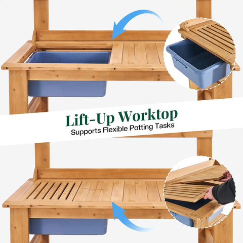 Solid Fir Wood Outdoor Potting Bench With Large Tabletop Heavy Duty Garden Workstation Removable Plastic Bin Multi Level Storage Shelf No Fuss Assembly For Patio Yard And Gardening with lift-up worktop and bin