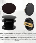 Mushroom Toe Drain Tub Trim Set With Floating Faceplate in matte black finish, showing components D398R drain and D980R faceplate.