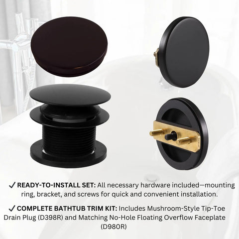 Mushroom Toe Drain Tub Trim Set With Floating Faceplate in matte black finish, showing components D398R drain and D980R faceplate.