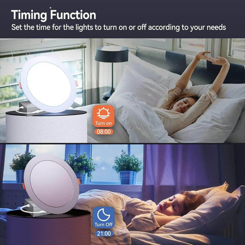 Woman stretching in bed with dimmable mirror light showing timing function at morning and night.