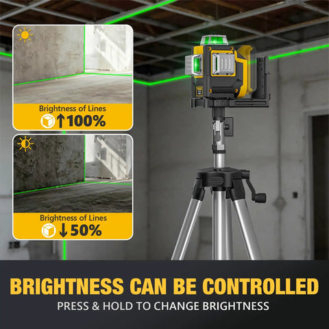 Workhorse Self Leveling Laser Level With Tripod, 3x360 Degree Laser Beams, 3D Leveler Tool For Construction And Picture Hanging, Magnetic Bracket, Hard Carry Case, Battery Not Included, Perfect For DIY Projects And Pro Jobs mounted on tripod with adjustable brightness