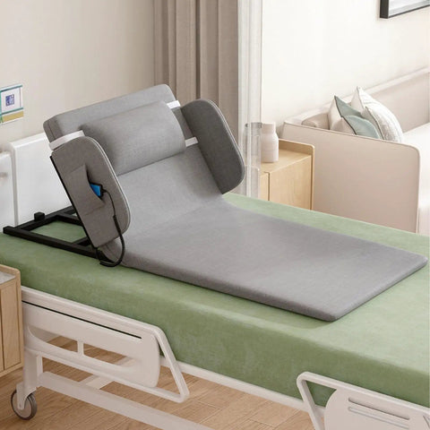 Top Tier Electric Lifting Backrest With Remote Control For Powerful Recline Support 2 To 80 Degree Adjustable Angle in gray fabric.