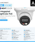 Front view of 4K AI PoE outdoor turret camera with mic, night color vision, human and vehicle detection, weatherproof security system.
