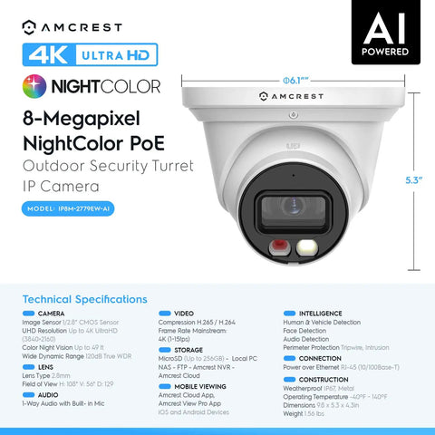 Front view of 4K AI PoE outdoor turret camera with mic, night color vision, human and vehicle detection, weatherproof security system.
