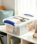 Pack Of Three 7 Quart Clear Plastic Storage Bins Featuring Heavy Duty Walls And Foolproof Snap Lock Lids To Keep Garage Or Desk Clutter Totally Under Control For Busy Mornings, with toys and towels stored.