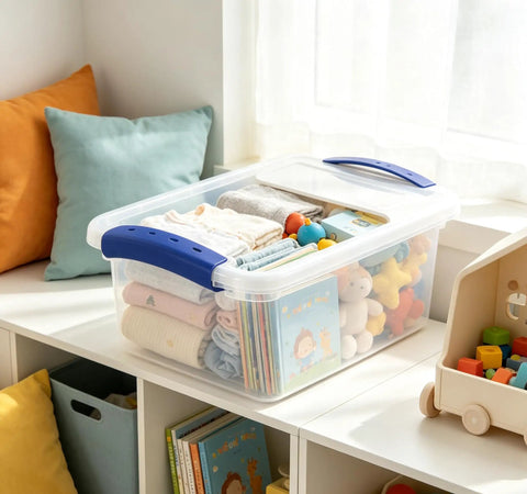 Pack Of Three 7 Quart Clear Plastic Storage Bins Featuring Heavy Duty Walls And Foolproof Snap Lock Lids To Keep Garage Or Desk Clutter Totally Under Control For Busy Mornings, with toys and towels stored.