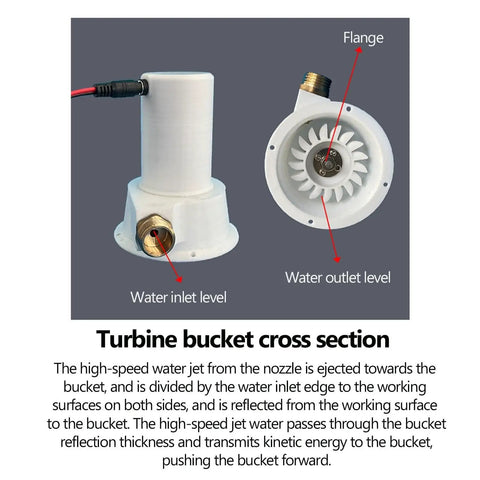 Cross section of Micro Hydro Turbine Generator 50W For Outdoor Camping And Home Charging, showing water inlet and outlet.
