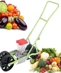 Adjustable Manual Vegetable Seeder Hand Push Seed Planter Easy To Use For Small Seeds Carrot Spinach Lettuce Soybean Peanut Garden Tool With Depth Adjustment From Zero To Five Centimeters For Precise Sowing In Backyard Or Farm Two Row And Spacing shown with various vegetables