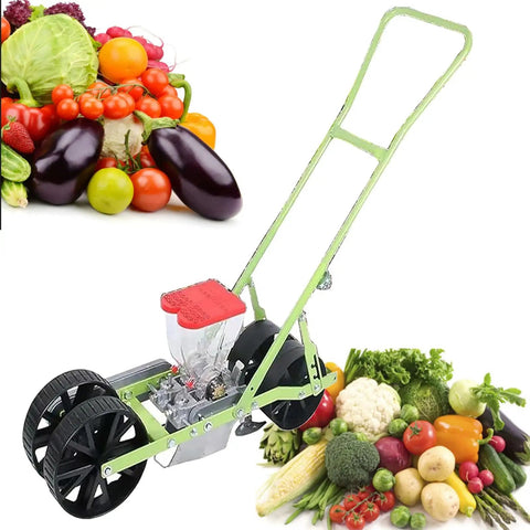 Adjustable Manual Vegetable Seeder Hand Push Seed Planter Easy To Use For Small Seeds Carrot Spinach Lettuce Soybean Peanut Garden Tool With Depth Adjustment From Zero To Five Centimeters For Precise Sowing In Backyard Or Farm Two Row And Spacing shown with various vegetables