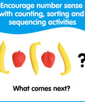 Fruit Counters Set Of 108 Kid Approved Rubber Math Blocks For Toddlers 3 To 5, sorting activity with bananas and strawberry.