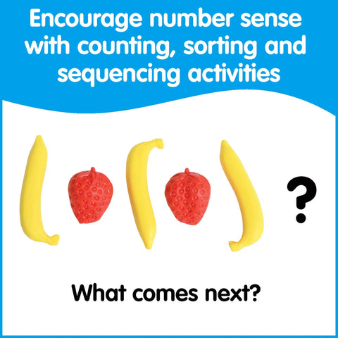 Fruit Counters Set Of 108 Kid Approved Rubber Math Blocks For Toddlers 3 To 5, sorting activity with bananas and strawberry.