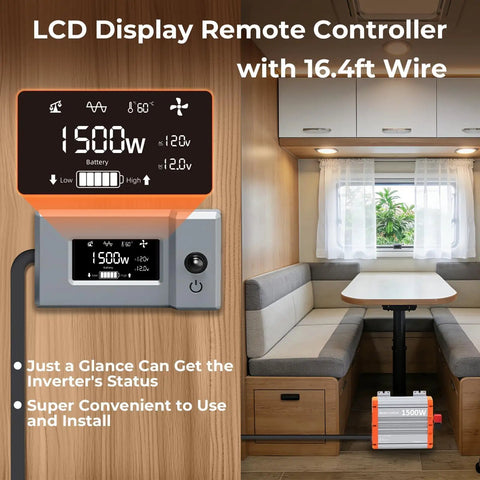 LCD remote controller displaying 1500W for 1500W Pure Sine Wave Power Inverter 12V To 120V AC with 16.4ft wire.