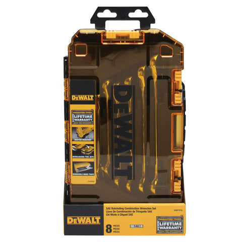 Rugged Tough Box 8 Piece SAE Ratcheting Wrench Set With Full Polish Chrome, 72 Tooth Ratchet in sturdy case front view