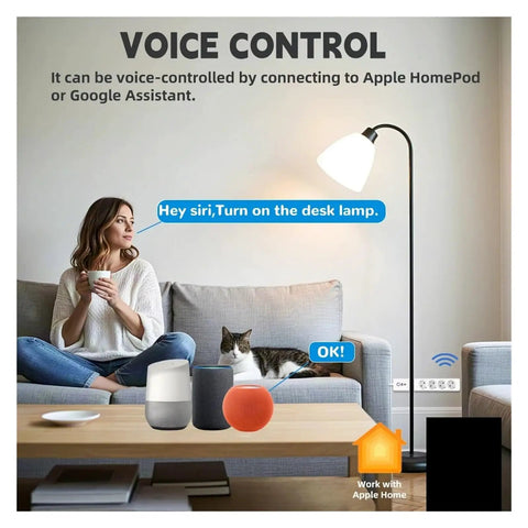 Image showing a woman with a Smart EU Power Strip and smart speakers, demonstrating voice control capabilities. Straight Up Heavy Duty Smart Power Strip With Four EU Outlets And Serious 3500 Watt Surge Capacity Voice And App Controlled Extension Board Matter Ready For Hassle Free Smart Home Setup.