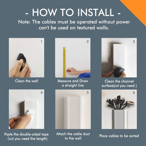 Installation guide for No More Messy Cords TV Cord Cover Raceway On Wall 31.5 Inch Cable Management System with step-by-step images.