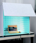No Echo Nonsense Portable Desktop Soundproof Booth With Heavy Duty Acoustic Foam Panels, open design showcasing laptop setup.
