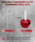 Red 1-1/2 Inch PVC Pipe Reamer And Fitting Saver with hexagonal shaft and wrench, for SCH40 ABS CPVC pipes, fits standard drill.