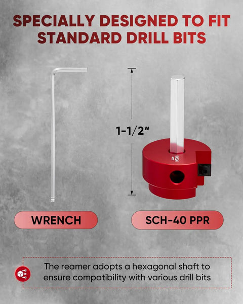 Red 1-1/2 Inch PVC Pipe Reamer And Fitting Saver with hexagonal shaft and wrench, for SCH40 ABS CPVC pipes, fits standard drill.