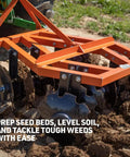 3 Point 4 Ft Notched Disc Harrow Plow Attachment For Cat 1 Tractors With 16 Inch Discs tilling soil in a field close-up view