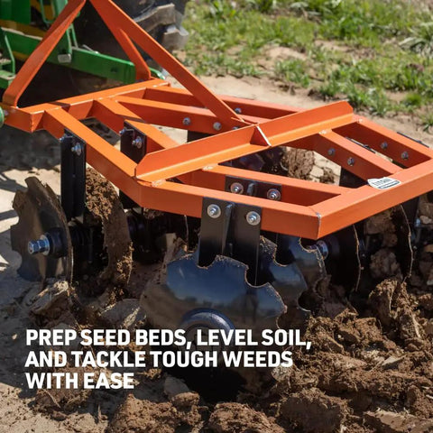 3 Point 4 Ft Notched Disc Harrow Plow Attachment For Cat 1 Tractors With 16 Inch Discs tilling soil in a field close-up view