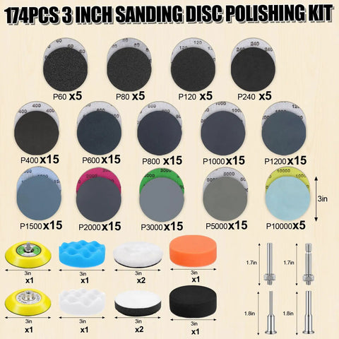 174 Piece 3 Inch Sanding Discs Kit With Polishing Accessories Grit Range 60 Through 10000 Includes Foam Pads Wool Buffing Pads Drill Backing